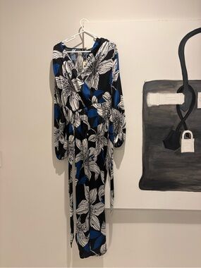 Ramy Brook Black Floral Wrap Maxi with Blue & White Accents